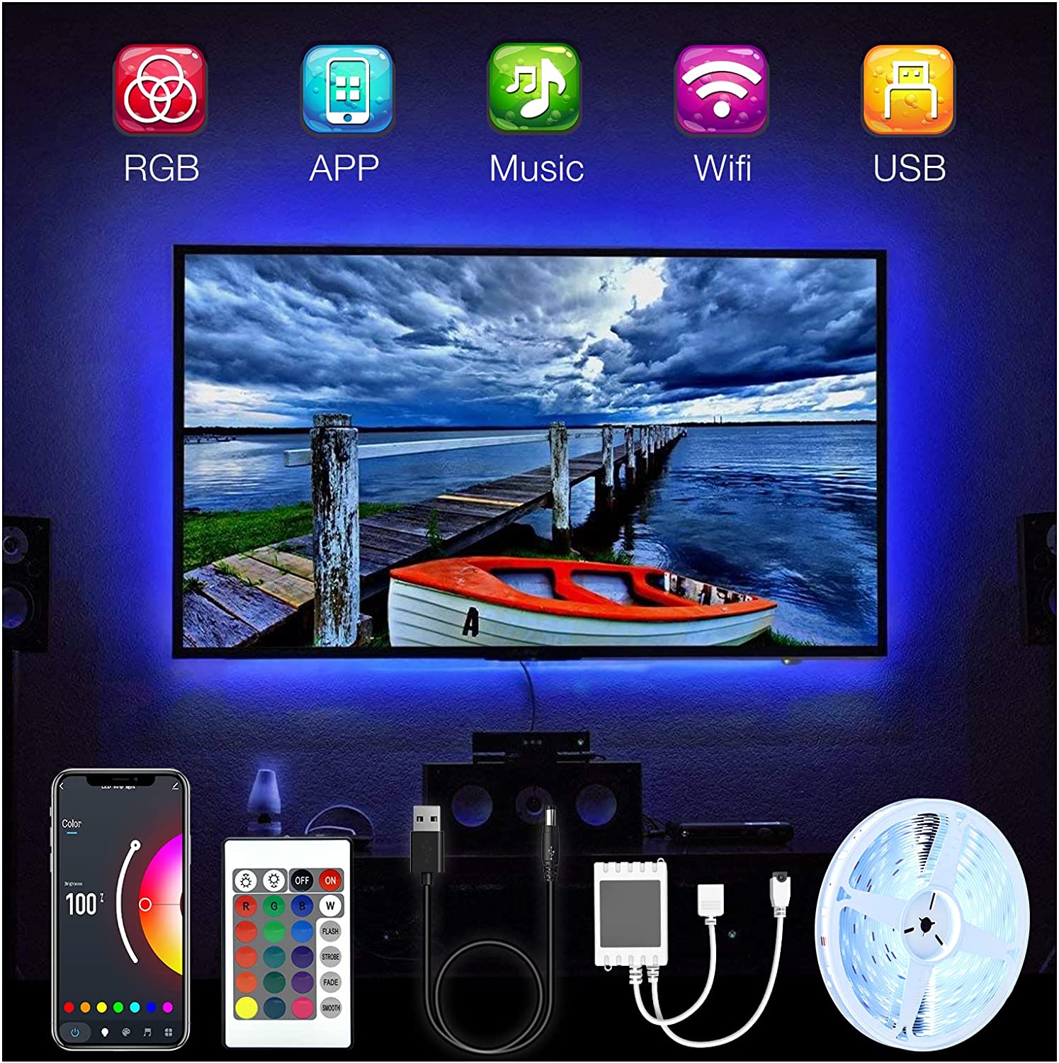 TV LED Backlight, 8ft TV Light Strip for 32" TV LED Light Strip USB with Remote Control, TV LED Lights Music Sync RGB Gaming Bedroom Room HDTV Mood Lighting