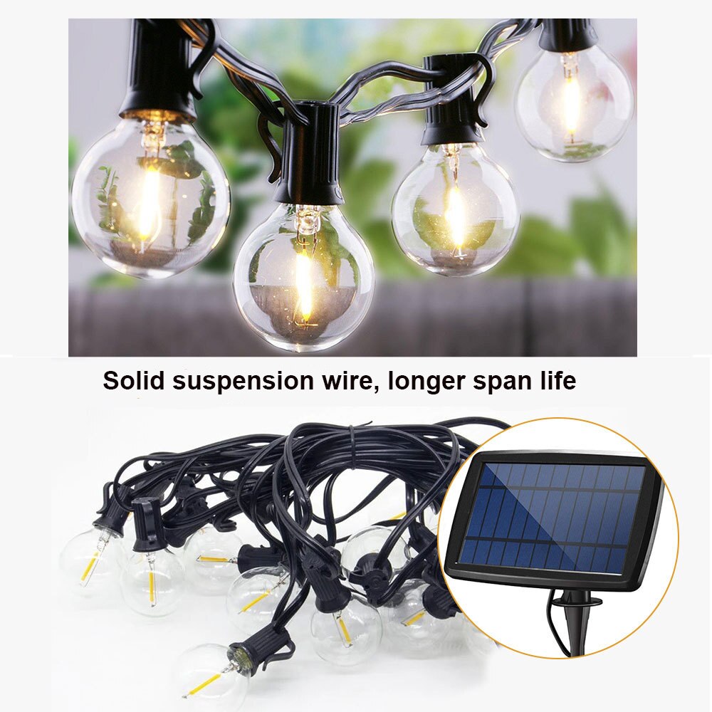 G40 Solar String Lights Outdoor 25FT Patio Lights with 25 LED Bulbs IP45 Waterproof Garden Outside Backyard, Porch
