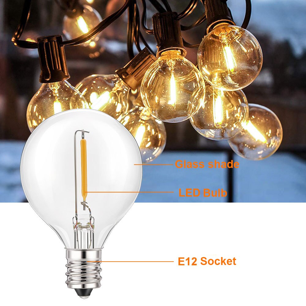 G40 Solar String Lights Outdoor 25FT Patio Lights with 25 LED Bulbs IP45 Waterproof Garden Outside Backyard, Porch