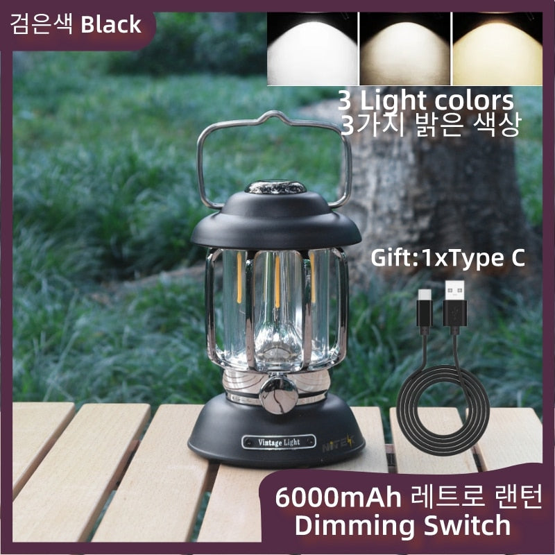 Retro Portable Camping Lantern 6000mAh Outdoor Kerosene Vintage Camp Lamp 3 Lighting Modes Tent Light for Hiking Climbing Yard
